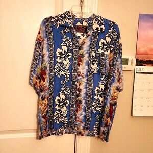 Basix Vintage Men's Blue Hawaiian Print Button Up Shirt Size L